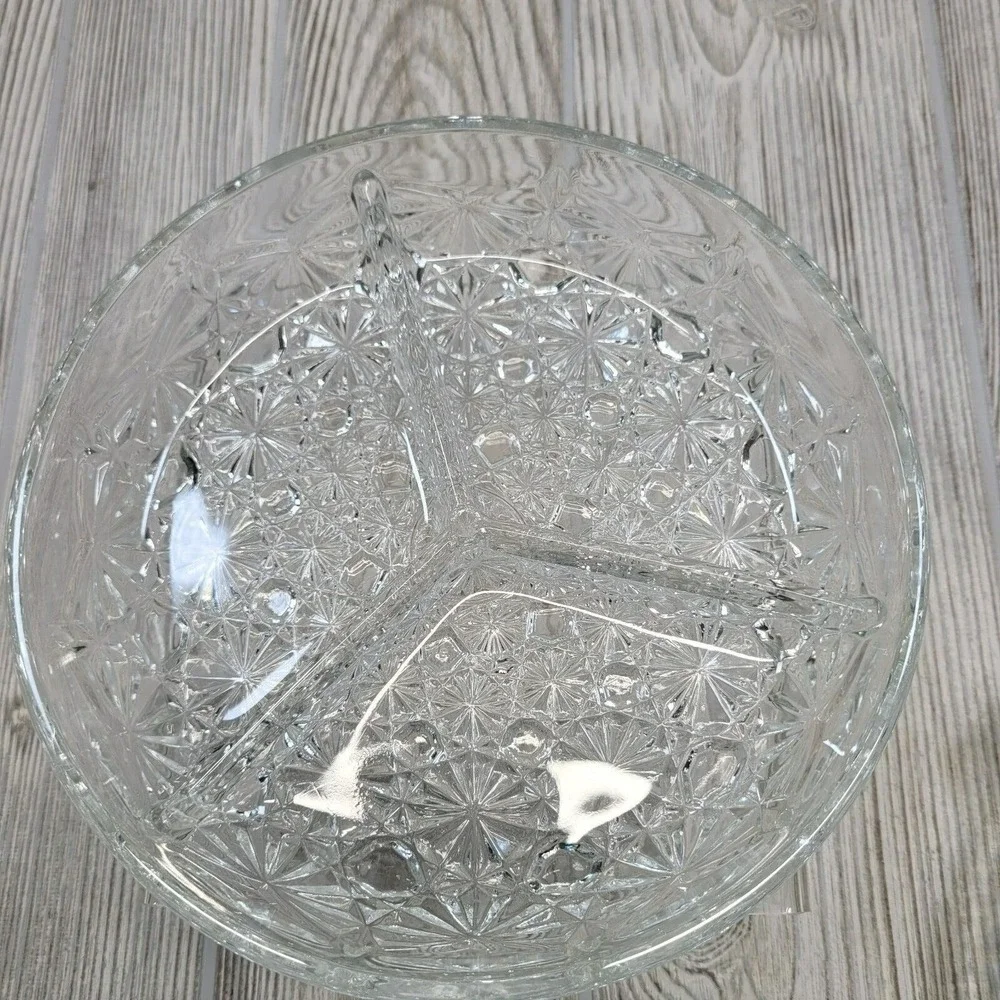Smith Glass Divided Serving Dish Clear Daisy and Button 3‎ Section Round Vintage